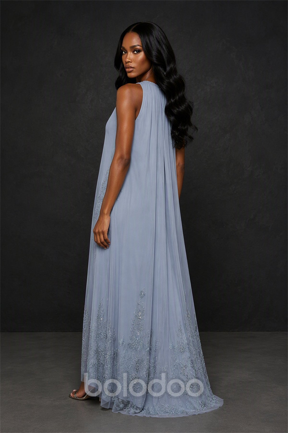 BOLODOO BX0055 light blue halter neck sequin floral embroidered chiffon maxi dress - full length front view | BOLODOO watermark