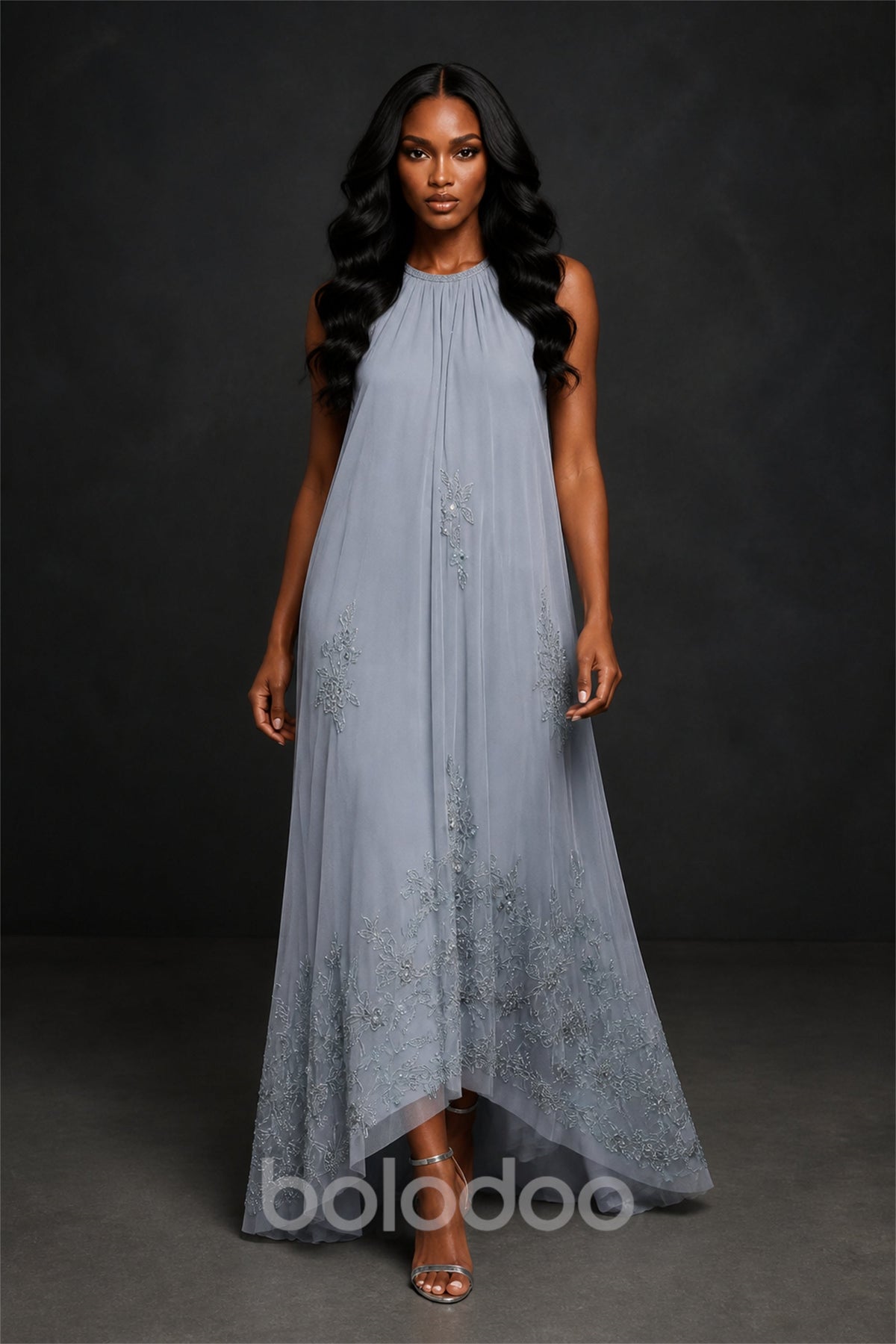 BOLODOO BX0055 light blue halter neck sequin floral embroidered chiffon maxi dress - side back view showing open back and asymmetric hem | BOLODOO watermark