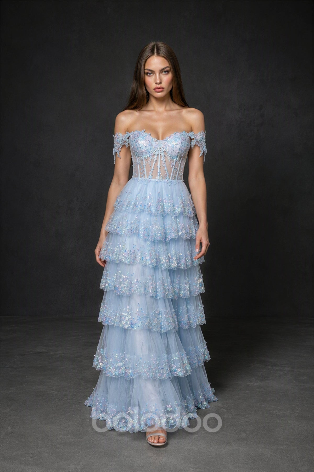 BOLODOO BX0057 light blue off-shoulder sheer corset 3D floral tiered sequin tulle ball gown - full length front view | BOLODOO watermark
