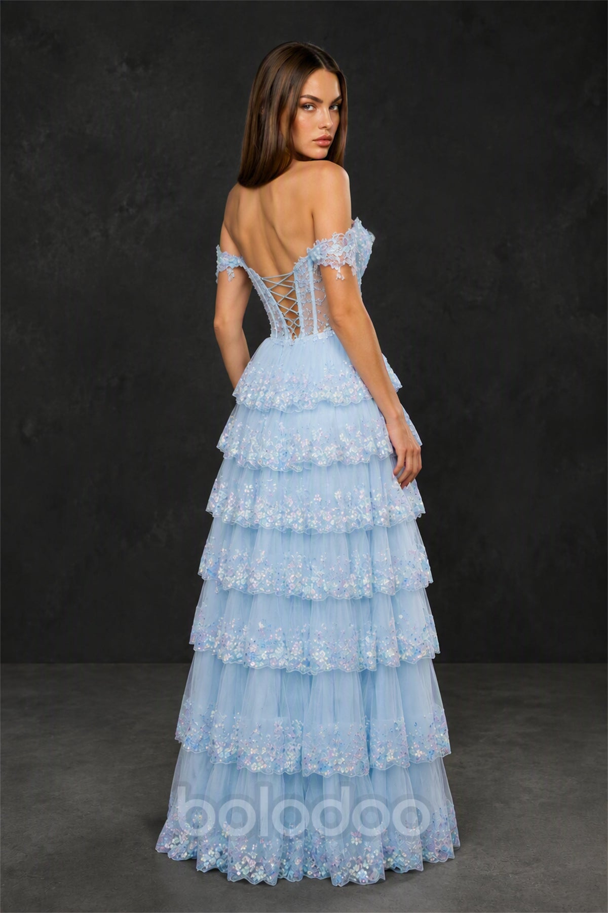 BOLODOO BX0057 light blue off-shoulder sheer corset ball gown - back view showing open lace-up corset and tiered skirt | BOLODOO watermark