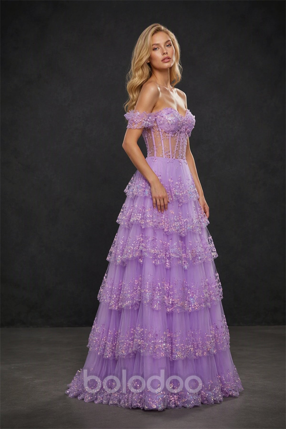 BOLODOO BX0057 lilac off-shoulder sheer corset 3D floral tiered sequin tulle ball gown - front close up view | BOLODOO watermark