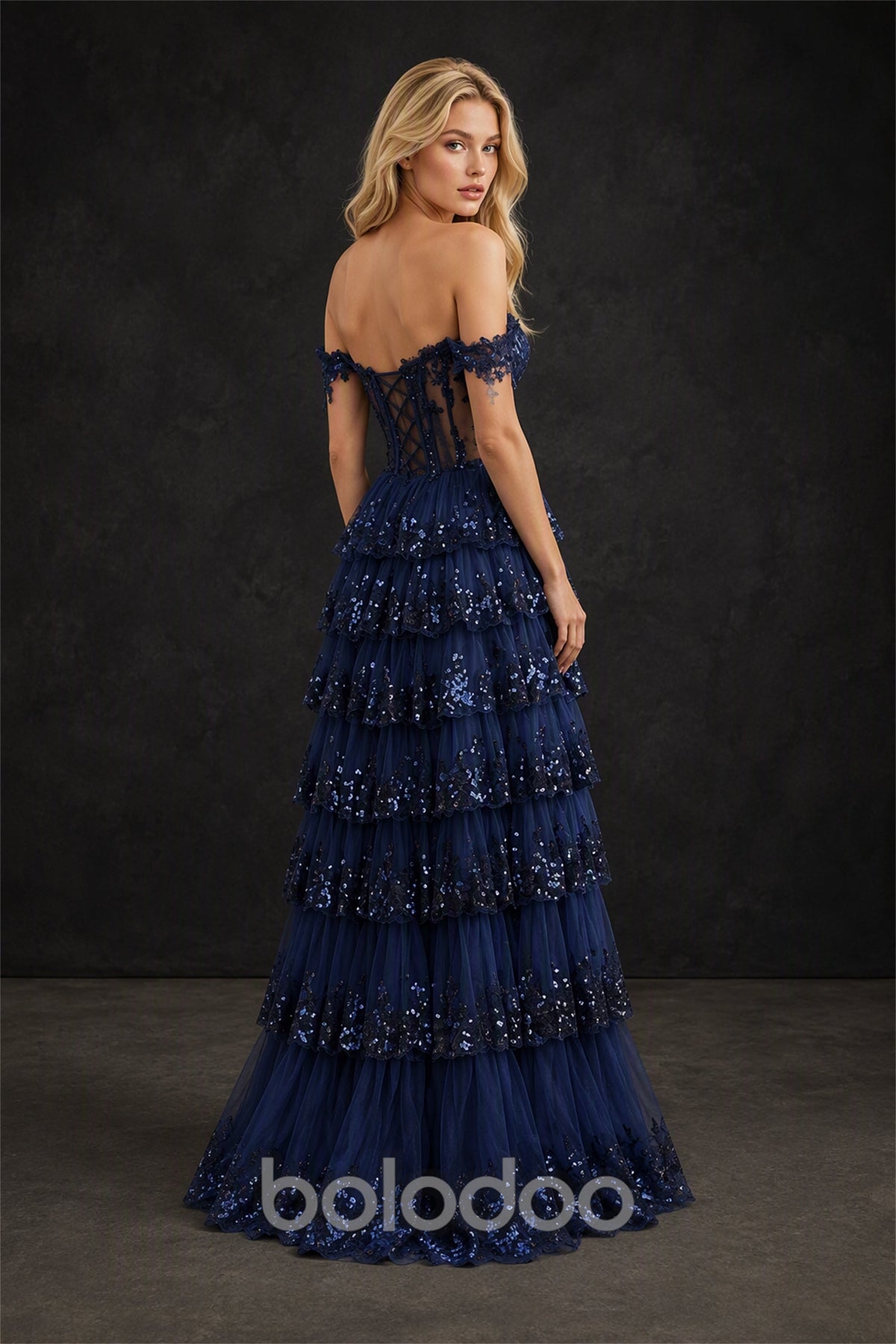 BOLODOO BX0057 navy blue off-shoulder sheer corset 3D floral tiered sequin tulle ball gown - full length front view | BOLODOO watermark