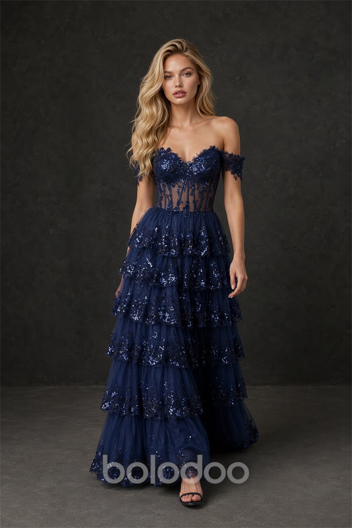 BOLODOO BX0057 navy blue off-shoulder sheer corset ball gown - back view showing open lace-up corset and tiered skirt | BOLODOO watermark