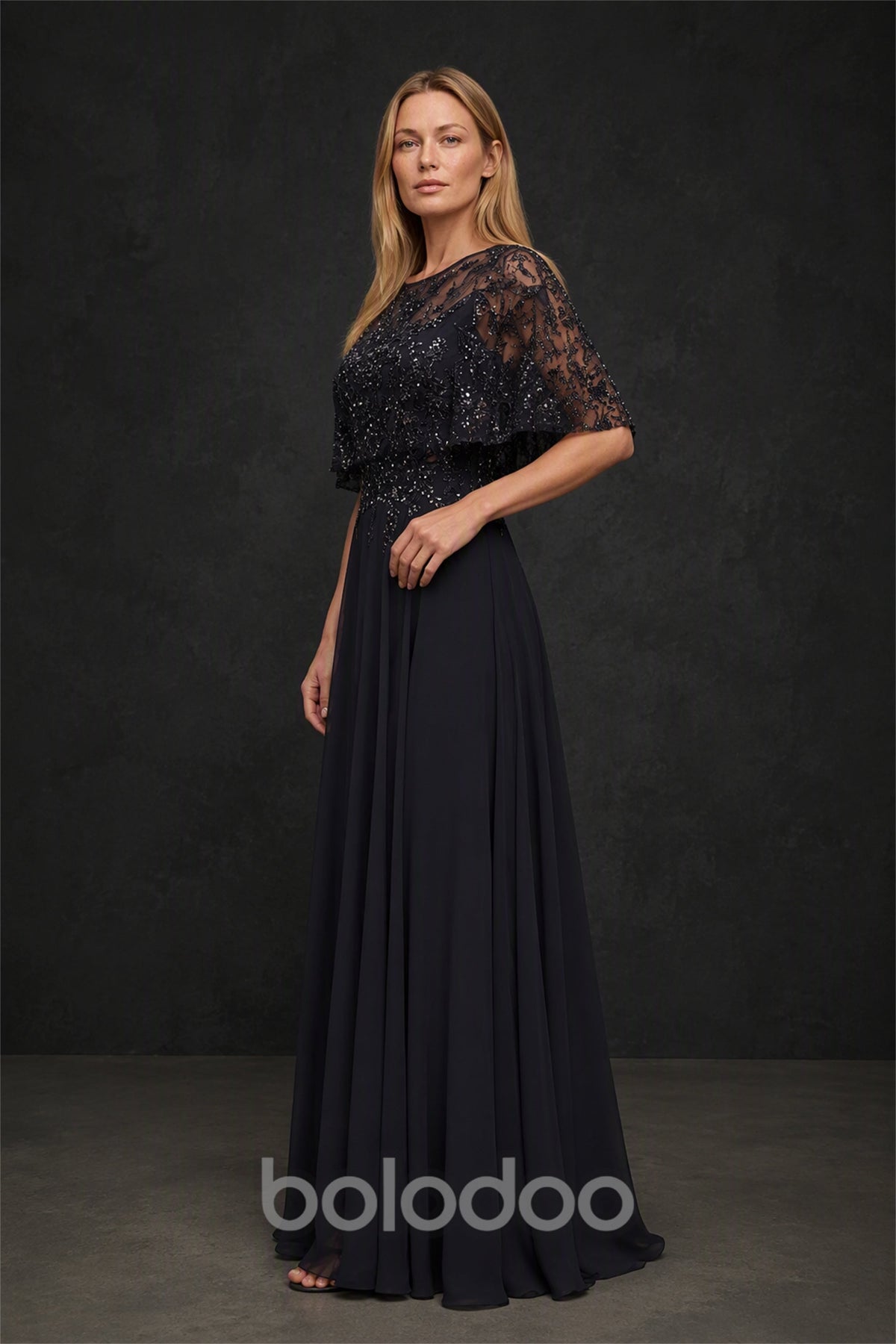 BOLODOO BX0060 black illusion lace sequin flutter sleeve chiffon A-line maxi dress - front view close up showing lace bodice detail | BOLODOO watermark