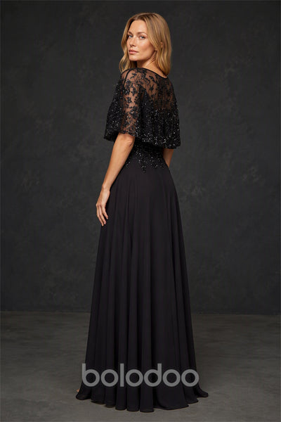 BOLODOO BX0060 black illusion lace sequin flutter sleeve chiffon A-line maxi dress - back view showing illusion lace back | BOLODOO watermark