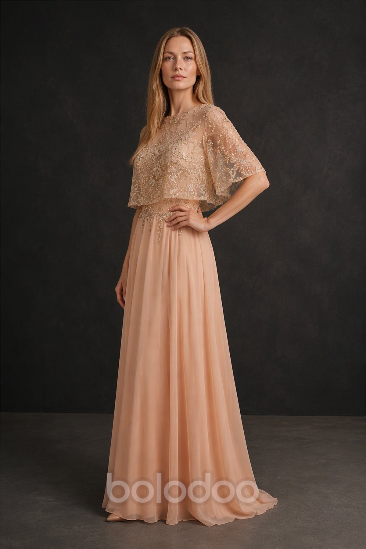 BOLODOO BX0060 rose gold illusion lace gold sequin flutter sleeve chiffon A-line maxi dress - front view standing | BOLODOO watermark