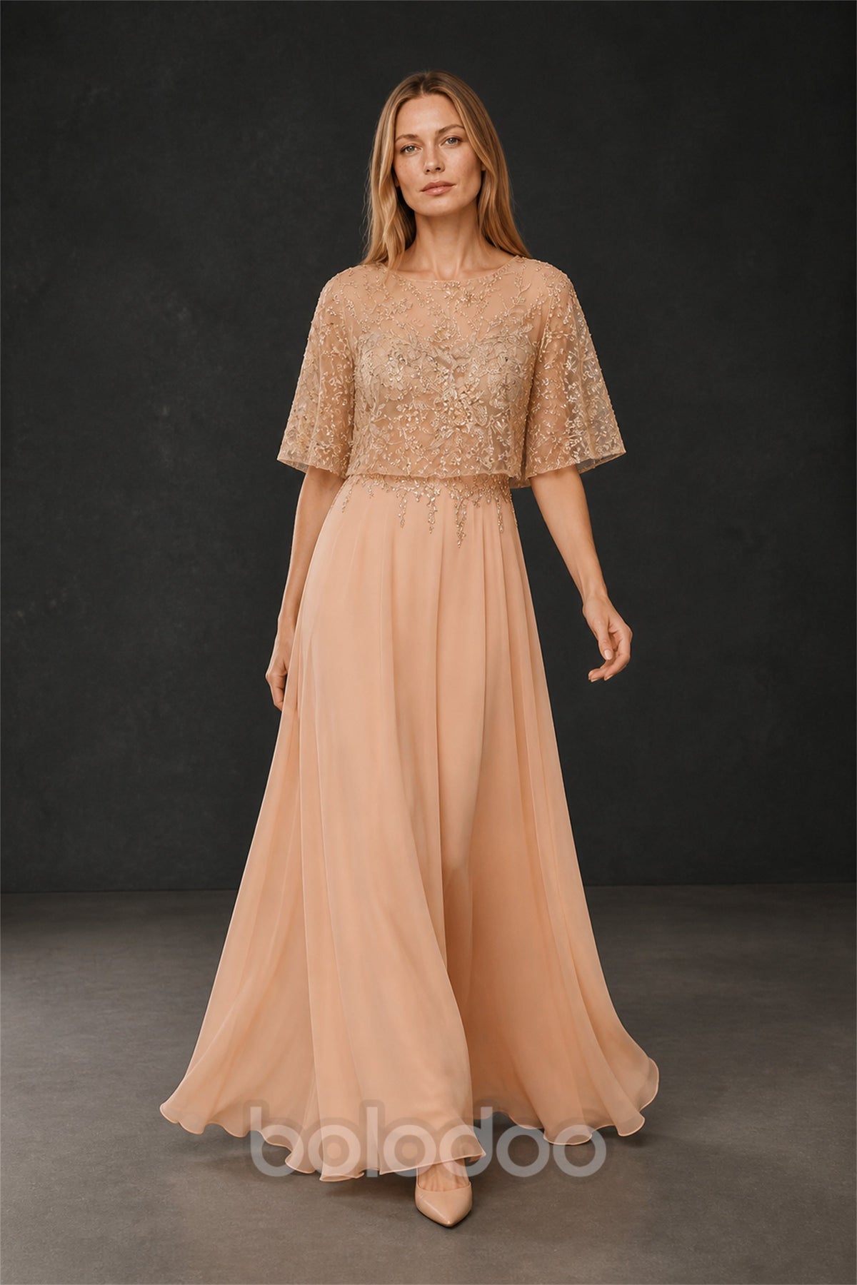 BOLODOO BX0060 rose gold illusion lace gold sequin flutter sleeve chiffon A-line maxi dress - full length front view | BOLODOO watermark
