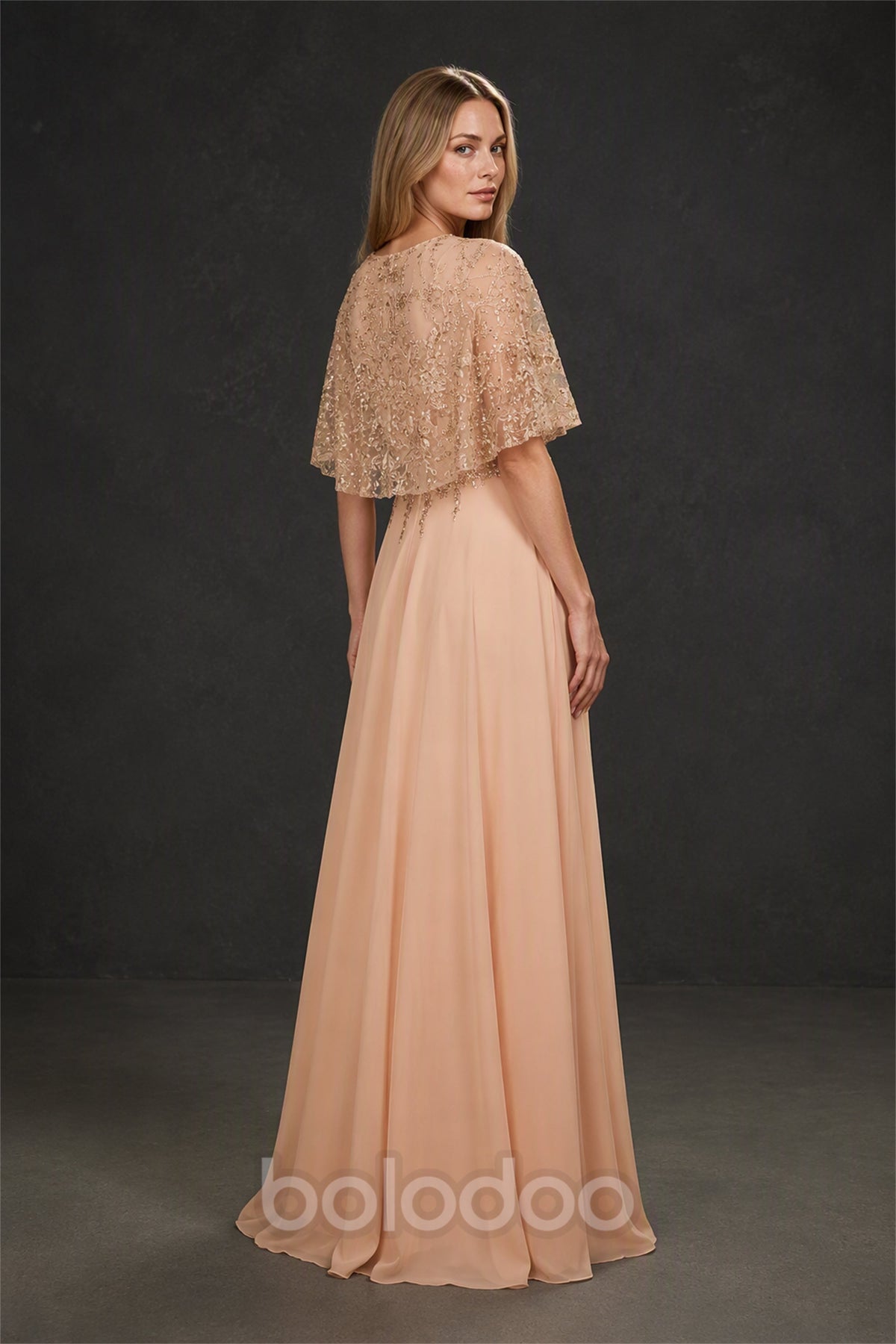 BOLODOO BX0060 rose gold illusion lace gold sequin flutter sleeve chiffon A-line maxi dress - back view showing illusion lace back | BOLODOO watermark
