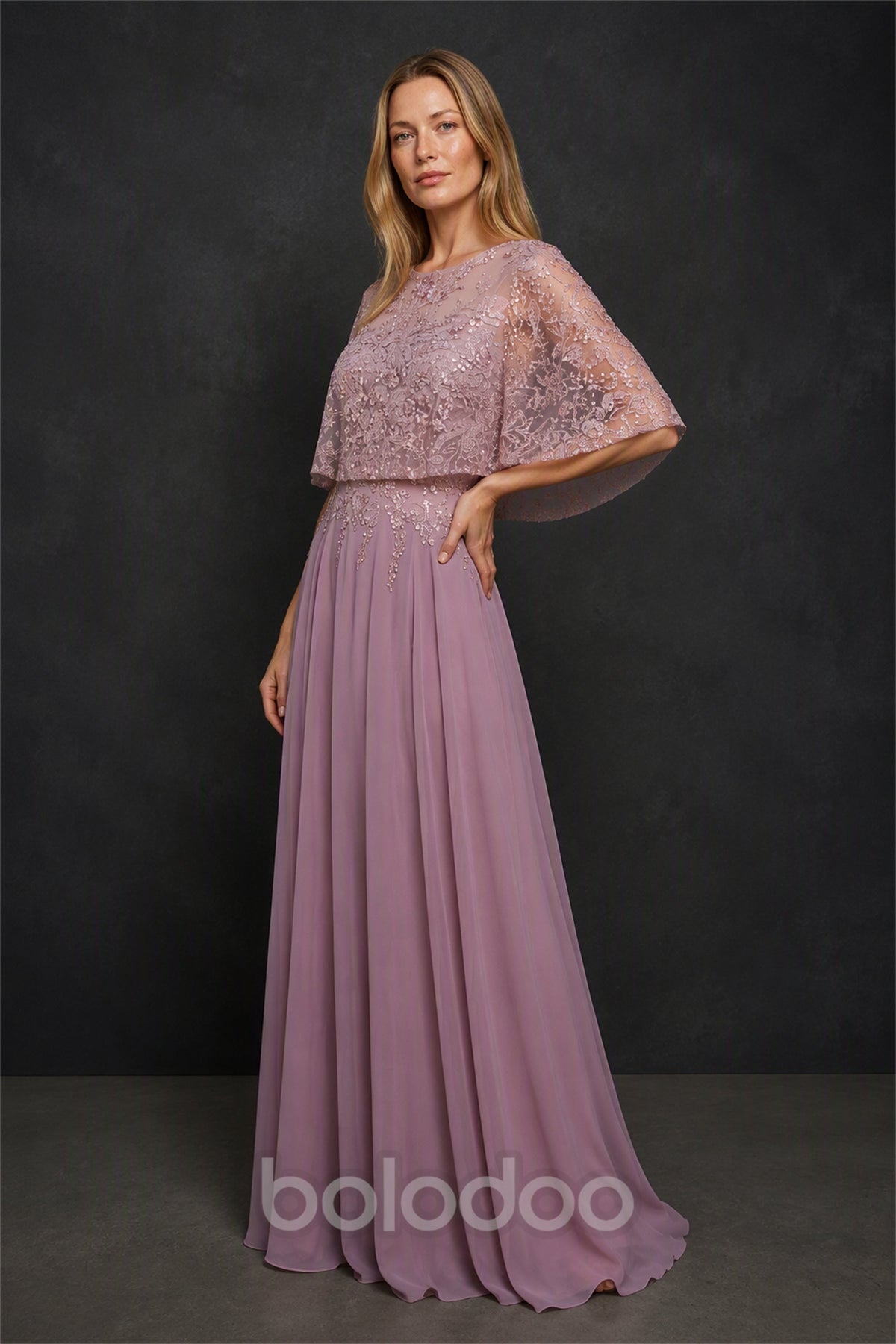 BOLODOO BX0060 wisteria illusion lace sequin flutter sleeve chiffon A-line maxi dress - full length front view showing sweep train | BOLODOO watermark