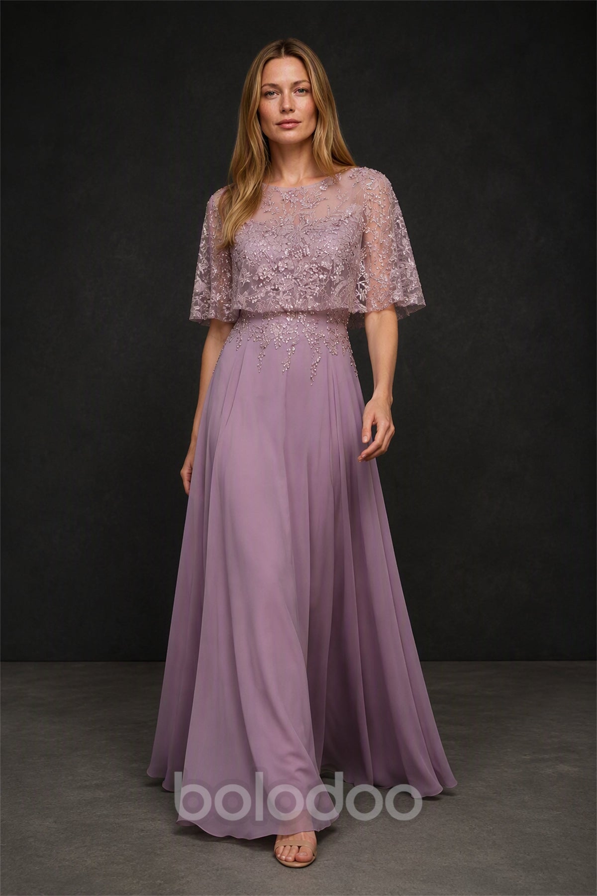 BOLODOO BX0060 wisteria illusion lace sequin flutter sleeve chiffon A-line maxi dress - side view showing silhouette | BOLODOO watermark
