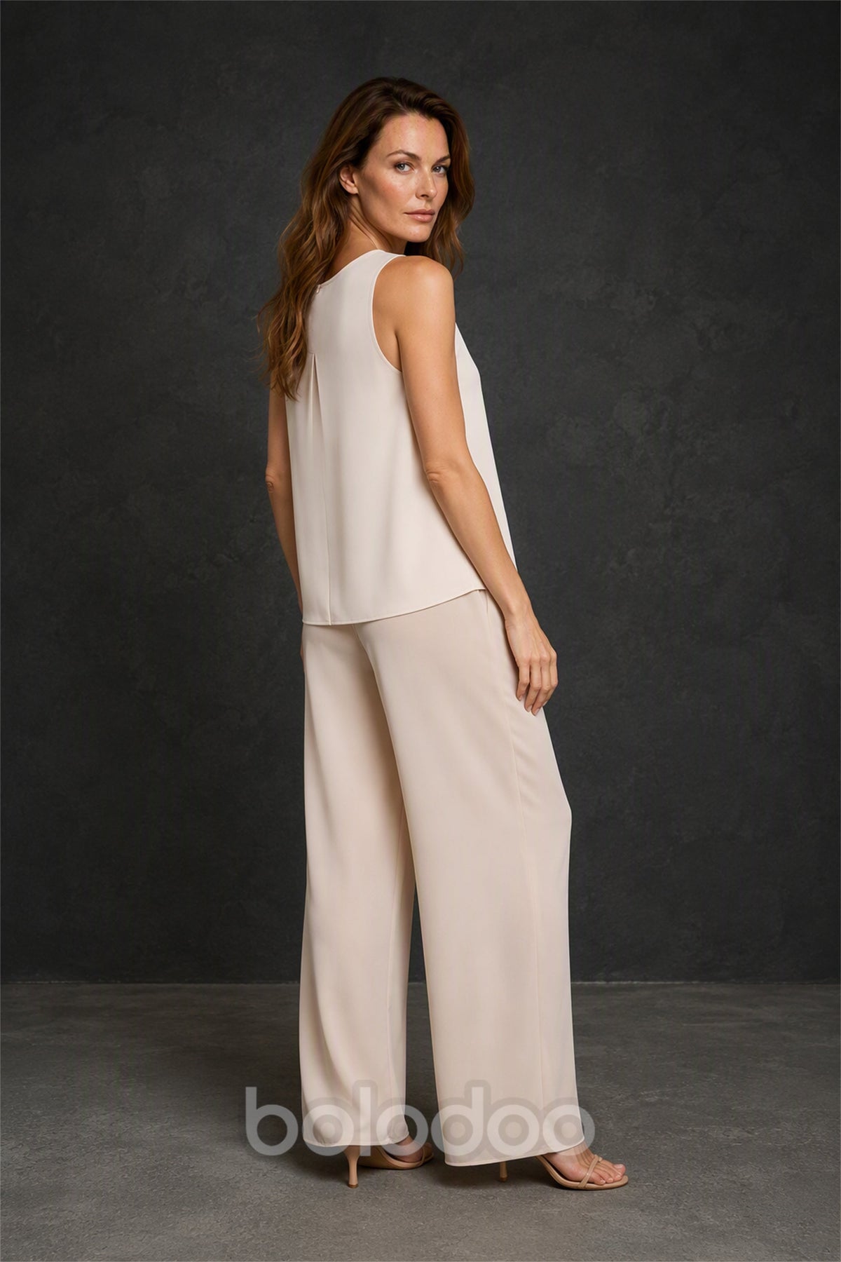 BOLODOO BX0063 champagne 3-piece suit - front view without jacket showing camisole and wide-leg trousers | BOLODOO watermark