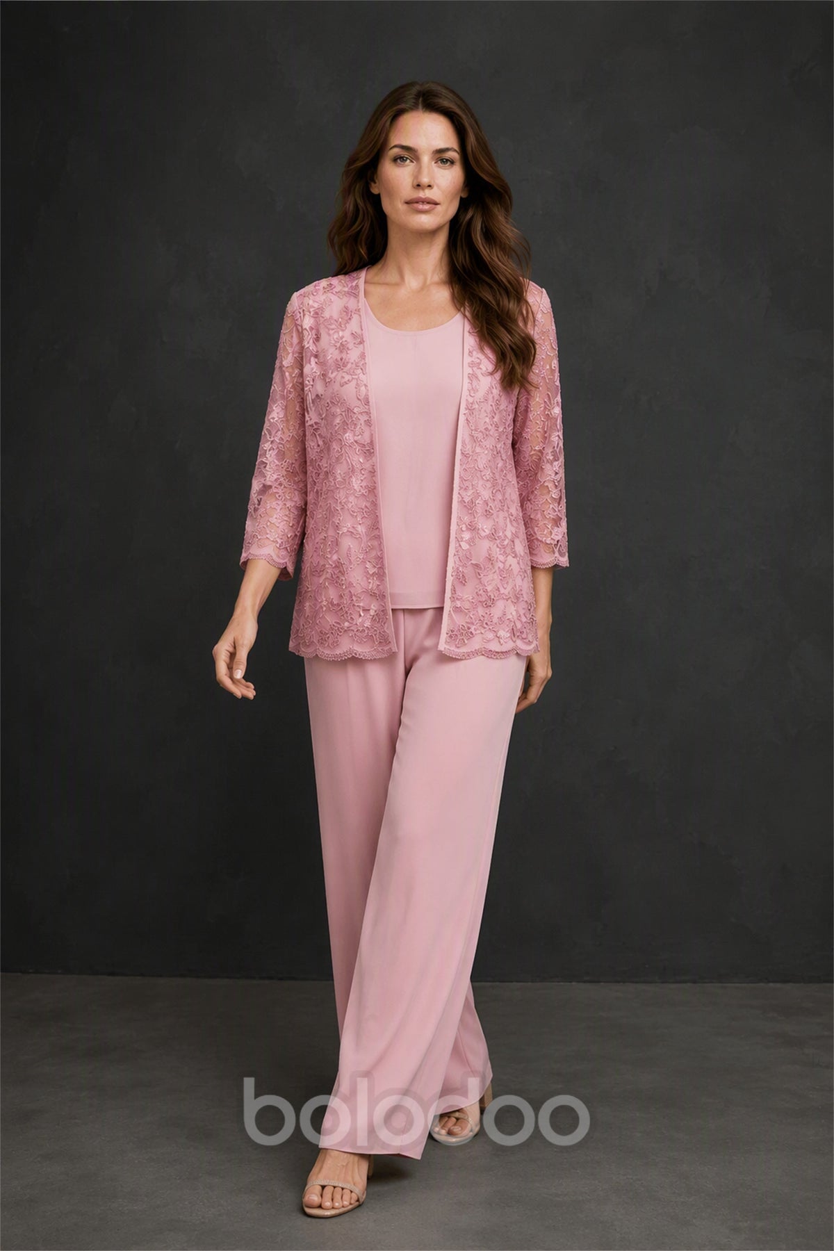 BOLODOO BX0063 dusty rose 3-piece sequin lace jacket wide-leg pants suit - front view walking with jacket | BOLODOO watermark