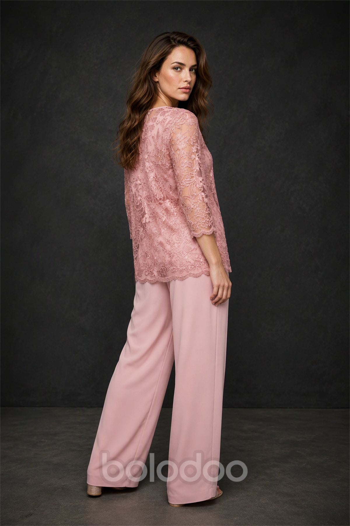 BOLODOO BX0063 dusty rose 3-piece suit - back view with jacket showing lace detail and scallop hem | BOLODOO watermark