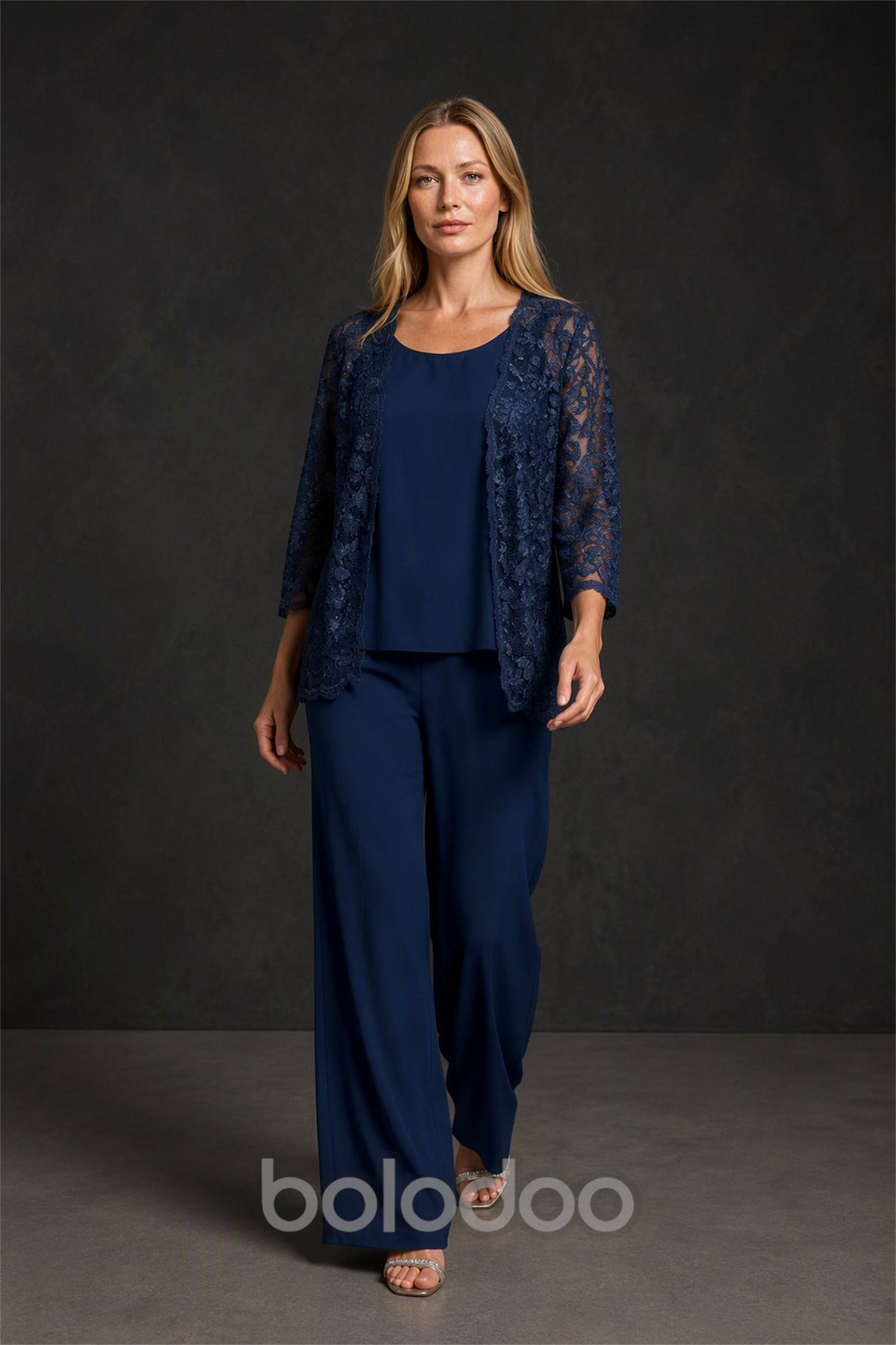 BOLODOO BX0063 navy blue 3-piece sequin lace jacket wide-leg pants suit - full length front view standing with jacket | BOLODOO watermark