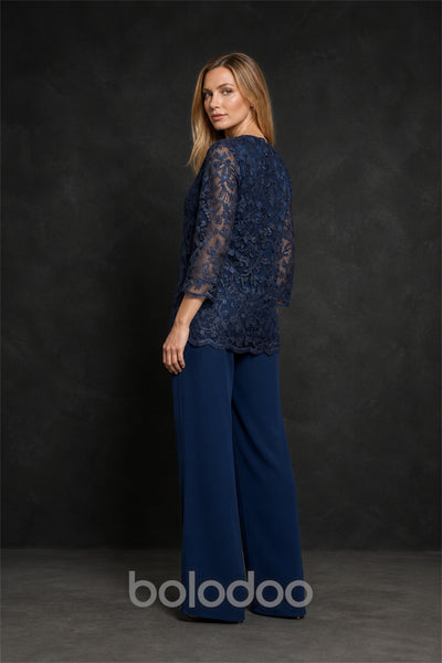 BOLODOO BX0063 navy blue 3-piece suit - back view with jacket showing sequin lace detail and scallop hem | BOLODOO watermark