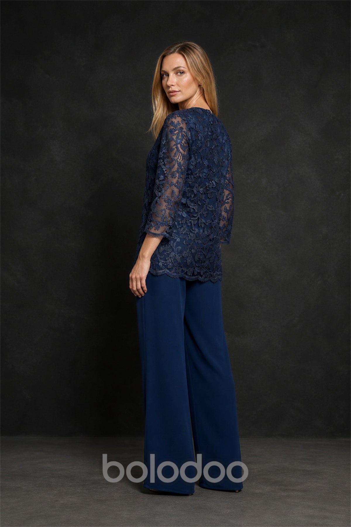 BOLODOO BX0063 navy blue 3-piece suit - back view with jacket showing sequin lace detail and scallop hem | BOLODOO watermark