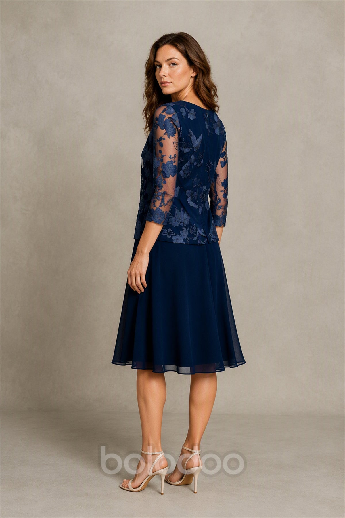 BOLODOO BX0065 navy blue 2-piece 3D floral lace top chiffon midi skirt suit - back view showing illusion lace sleeves and skirt | BOLODOO watermark