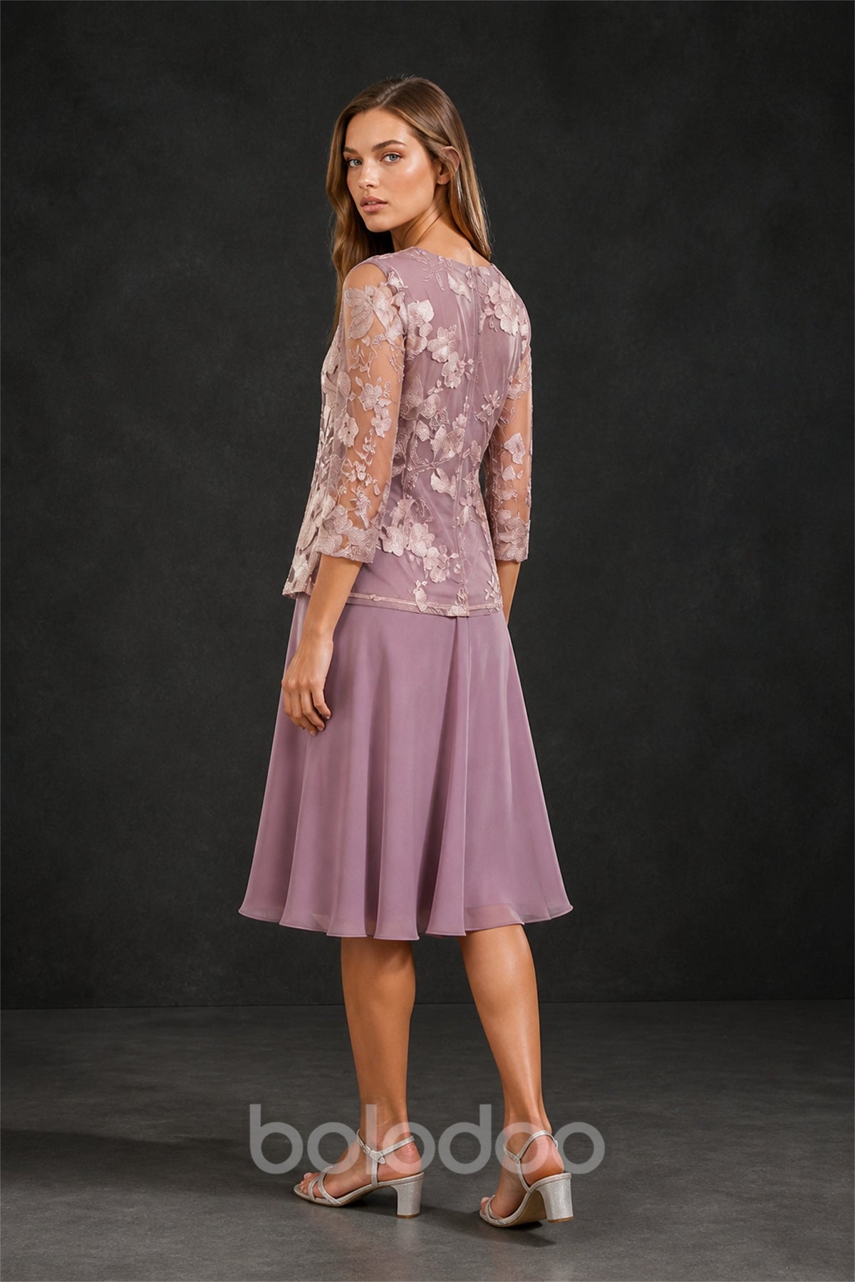 BOLODOO BX0065 wisteria 2-piece 3D floral lace top chiffon midi skirt suit - side view showing A-line silhouette | BOLODOO watermark