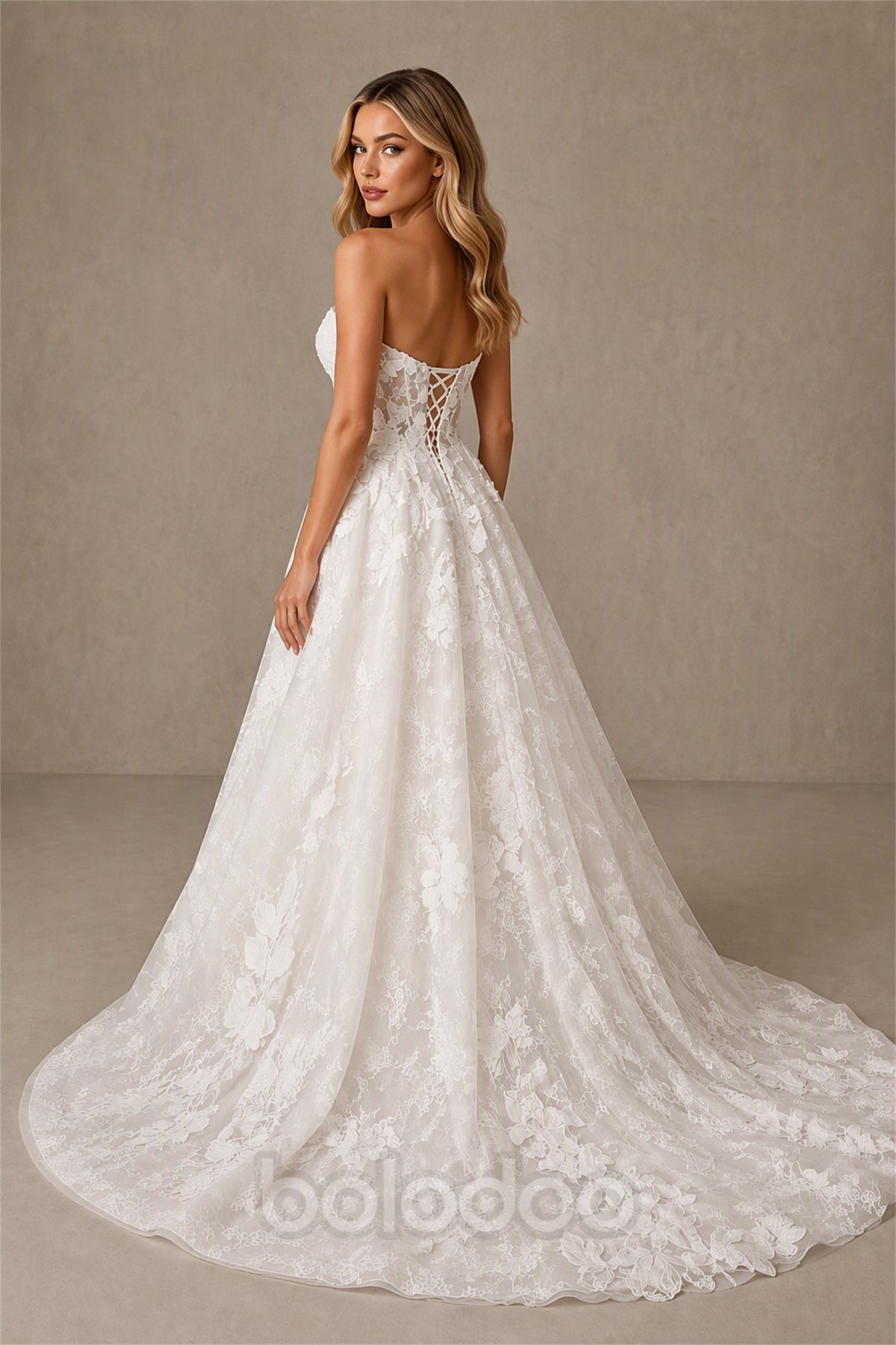 BOLODOO BX0058 white 3D floral lace strapless sweetheart A-line wedding gown - side view showing A-line silhouette and cathedral train | BOLODOO watermark