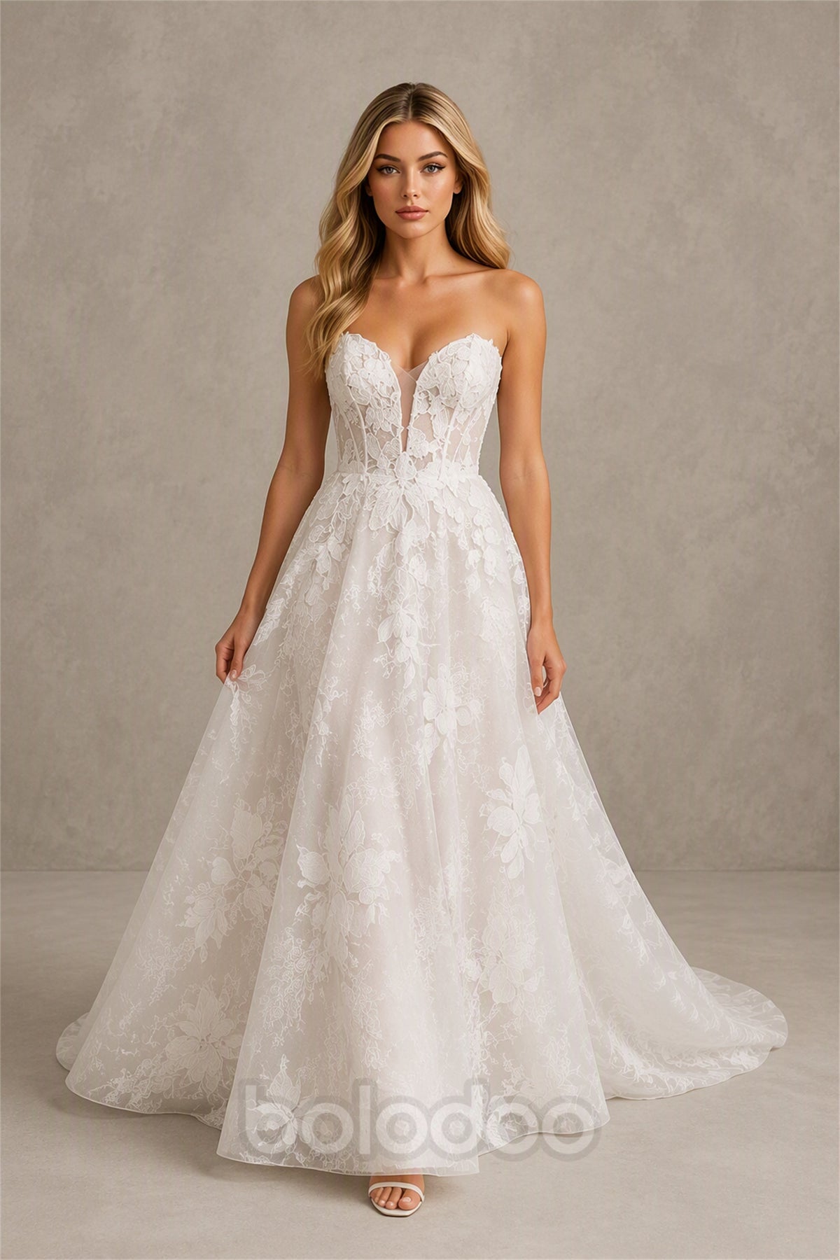 BOLODOO BX0058 white 3D floral lace A-line wedding gown - back view showing open lace-up corset back and full cathedral train with 3D floral appliqué | BOLODOO watermark