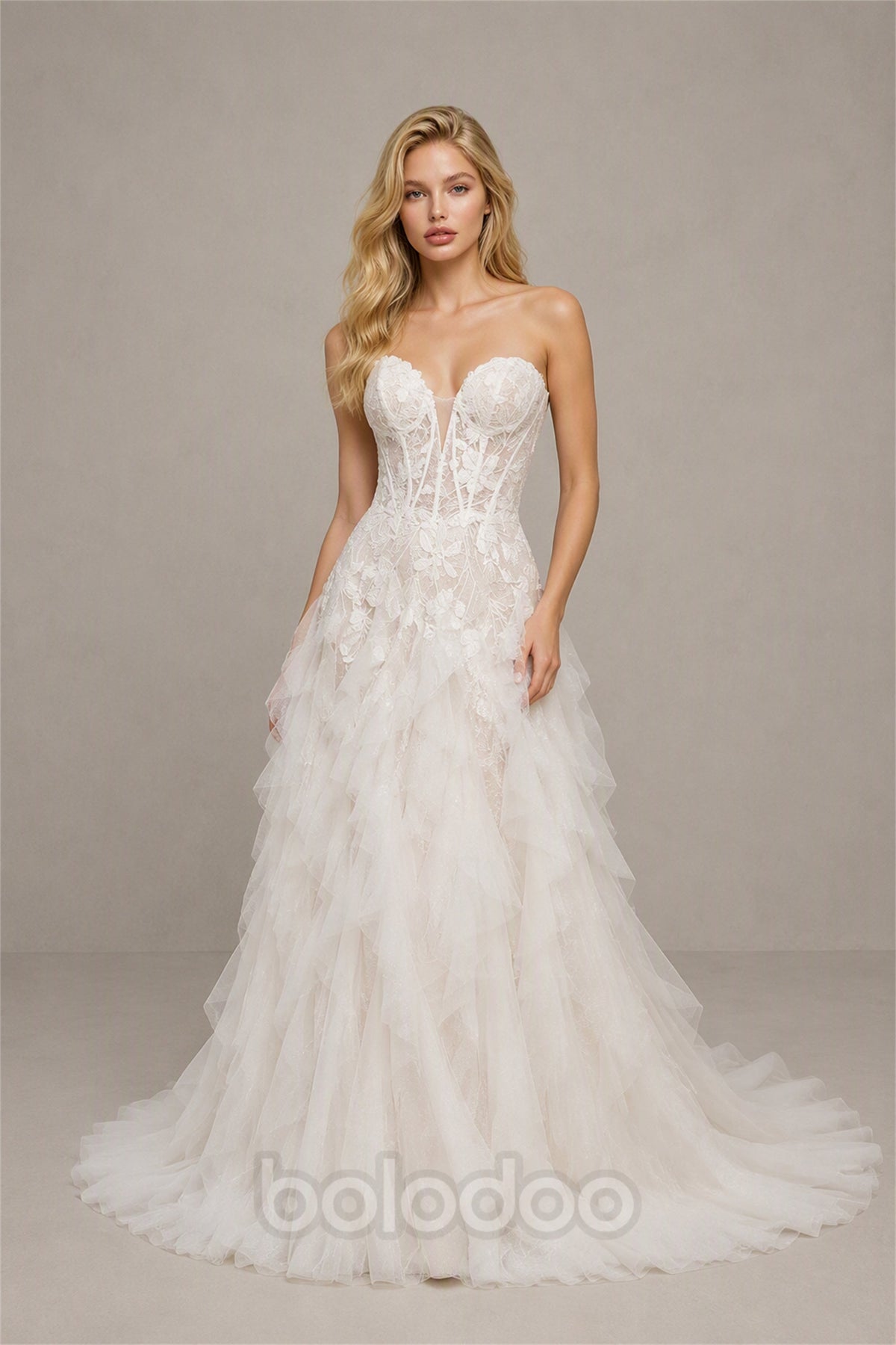 BOLODOO BX0059 white 3D floral lace strapless sweetheart sheer corset tiered ruffle tulle wedding gown - front view close up showing plunge neckline and 3D floral corset detail | BOLODOO watermark