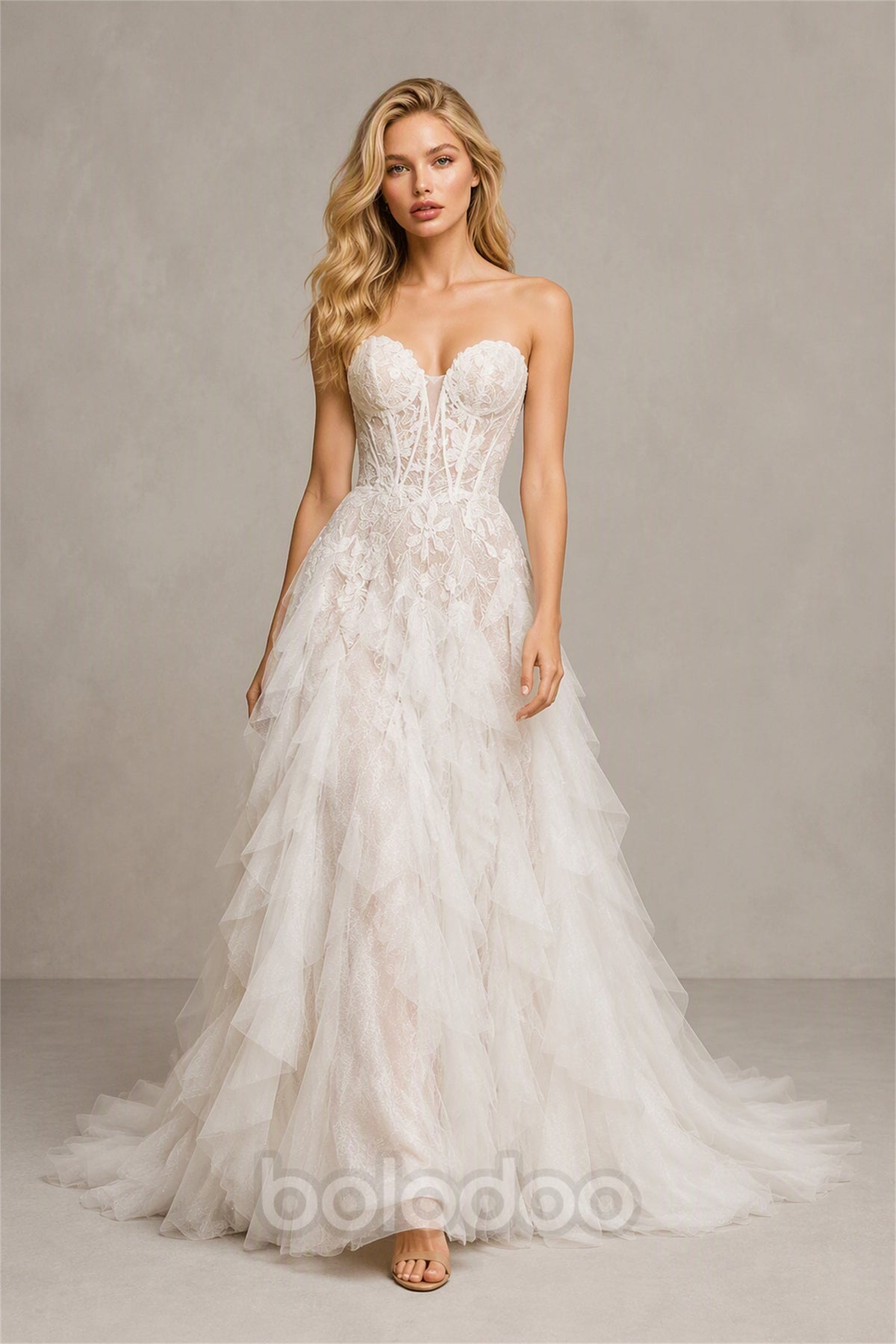 BOLODOO BX0059 white 3D floral lace strapless sweetheart tiered ruffle tulle A-line wedding gown - full length front view showing complete silhouette | BOLODOO watermark