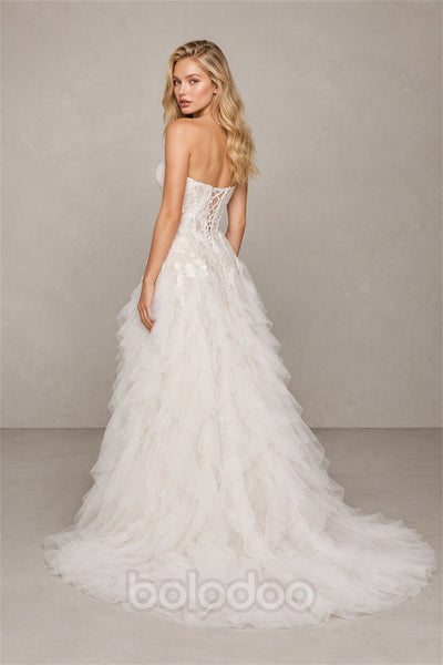 BOLODOO BX0059 white 3D floral lace strapless sweetheart tiered ruffle tulle A-line wedding gown - full length front view with cathedral train | BOLODOO watermark