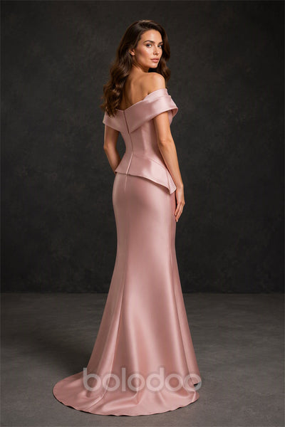 BOLODOO BX0062 dusty rose satin off-shoulder sweetheart asymmetric peplum mermaid gown with gold floral embroidery - full length front view | BOLODOO watermark