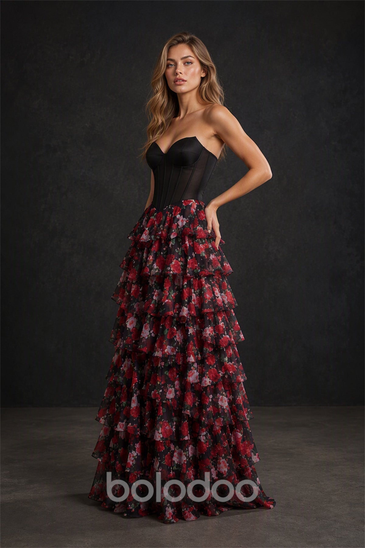 BOLODOO BX0064 black sweetheart corset rose floral tiered ruffle chiffon maxi gown - side view showing A-line silhouette and ruffle tiers | BOLODOO watermark