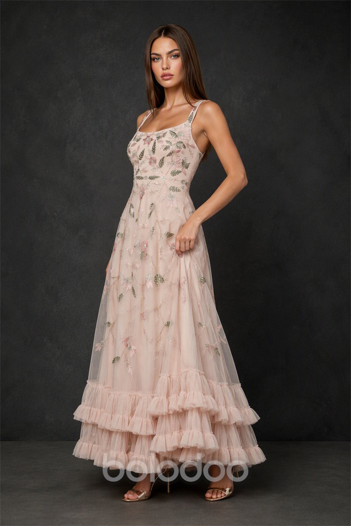 BOLODOO BX0066 blush pink square neck sequin leaf embroidered tulle A-line maxi dress - full length front view showing complete silhouette and tiered ruffle hem | BOLODOO watermark