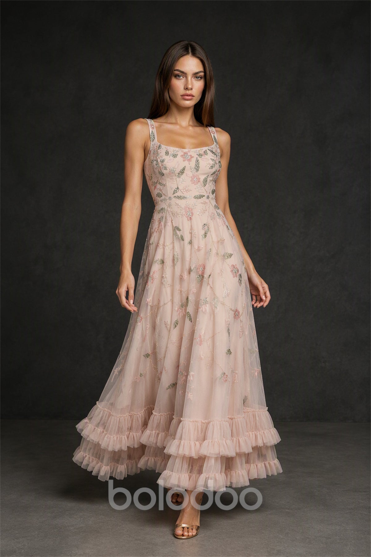 BOLODOO BX0066 blush pink sequin leaf embroidered tulle A-line maxi dress - back view showing open lace-up corset back and tiered ruffle hem | BOLODOO watermark