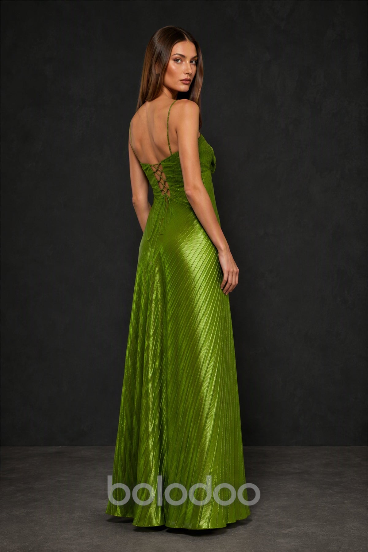 BOLODOO BX0068 olive green metallic pleated satin A-line maxi dress - back view showing open lace-up corset back and floor-length skirt | BOLODOO watermark