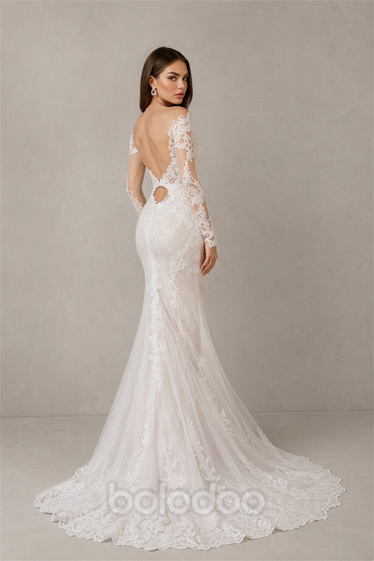 BOLODOO BX0069 white off-shoulder deep V illusion lace long sleeve mermaid wedding gown - front view showing plunge neckline and lace sleeve detail | BOLODOO watermark
