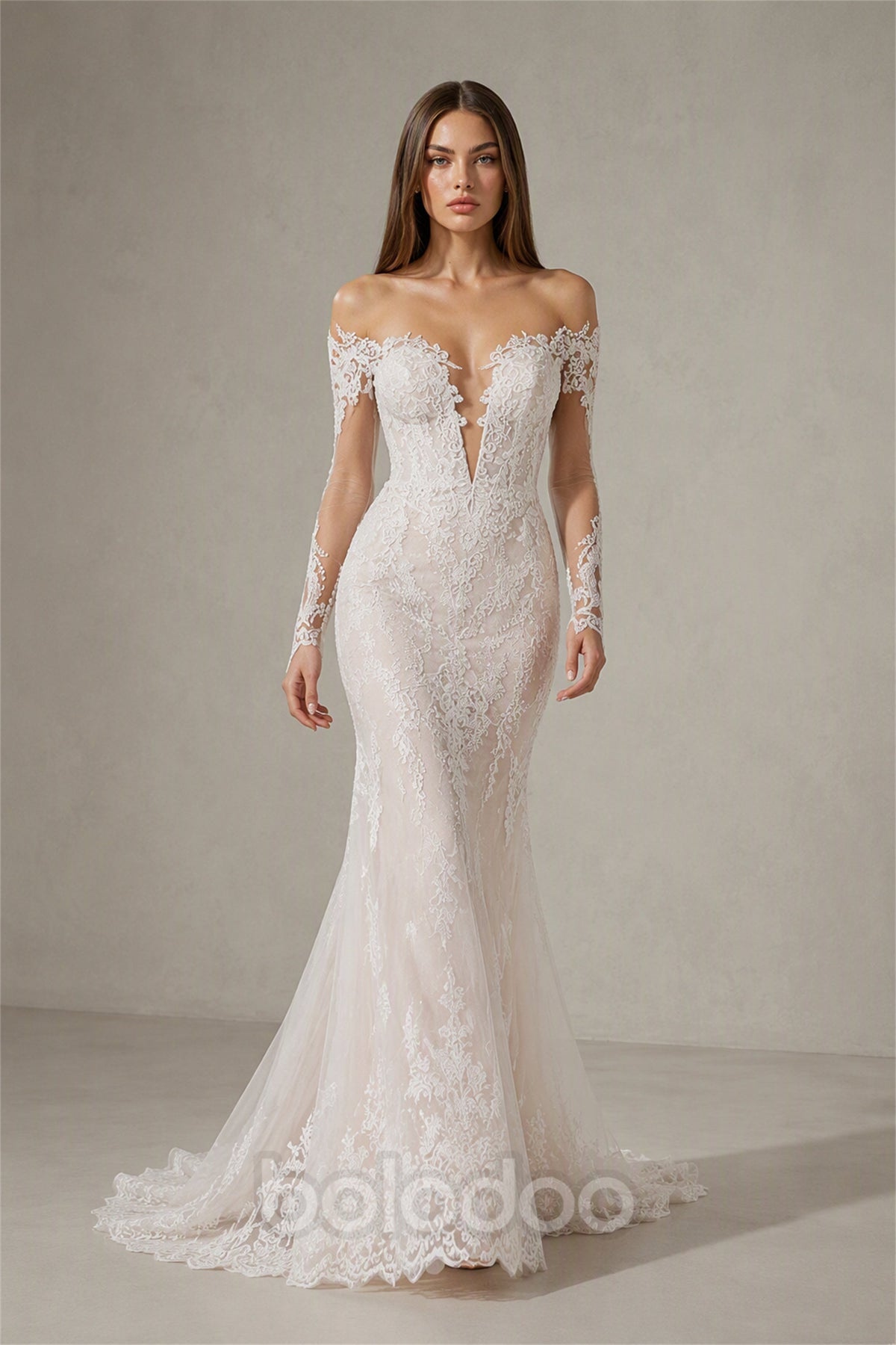BOLODOO BX0069 white off-shoulder deep V illusion lace long sleeve mermaid wedding gown - full length front view showing complete silhouette and cathedral train | BOLODOO watermark