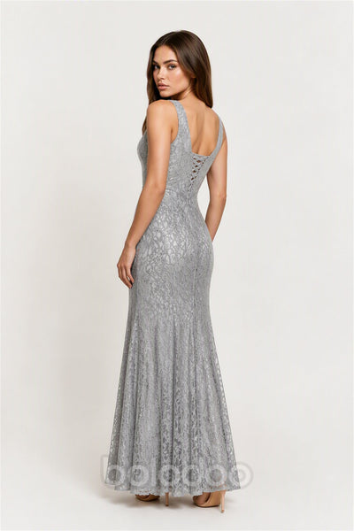 BOLODOO BX0070 silver grey sequin lace sleeveless mermaid maxi dress - front view showing scoop neckline and fitted silhouette | BOLODOO watermark