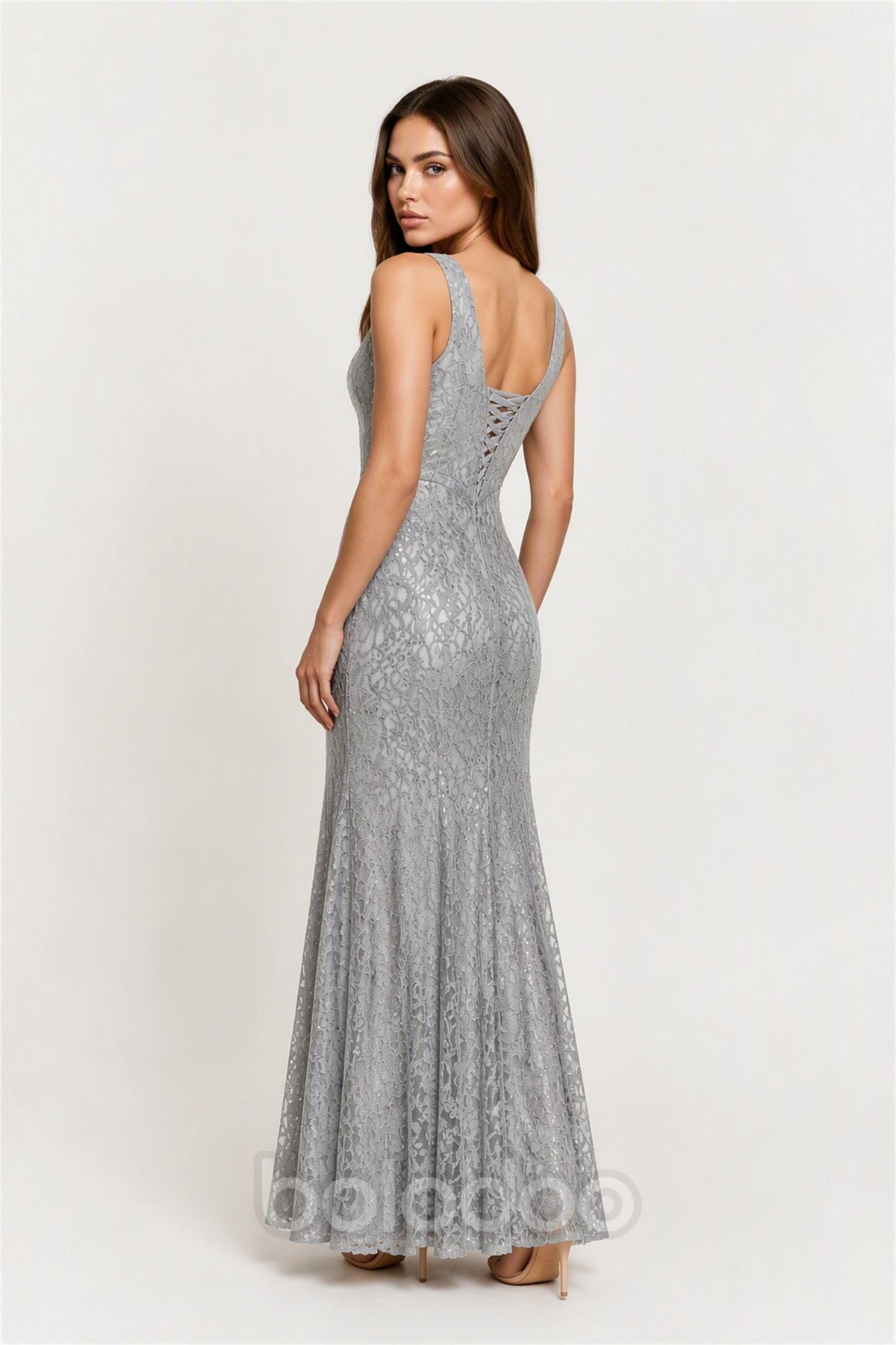 BOLODOO BX0070 silver grey sequin lace sleeveless mermaid maxi dress - front view showing scoop neckline and fitted silhouette | BOLODOO watermark