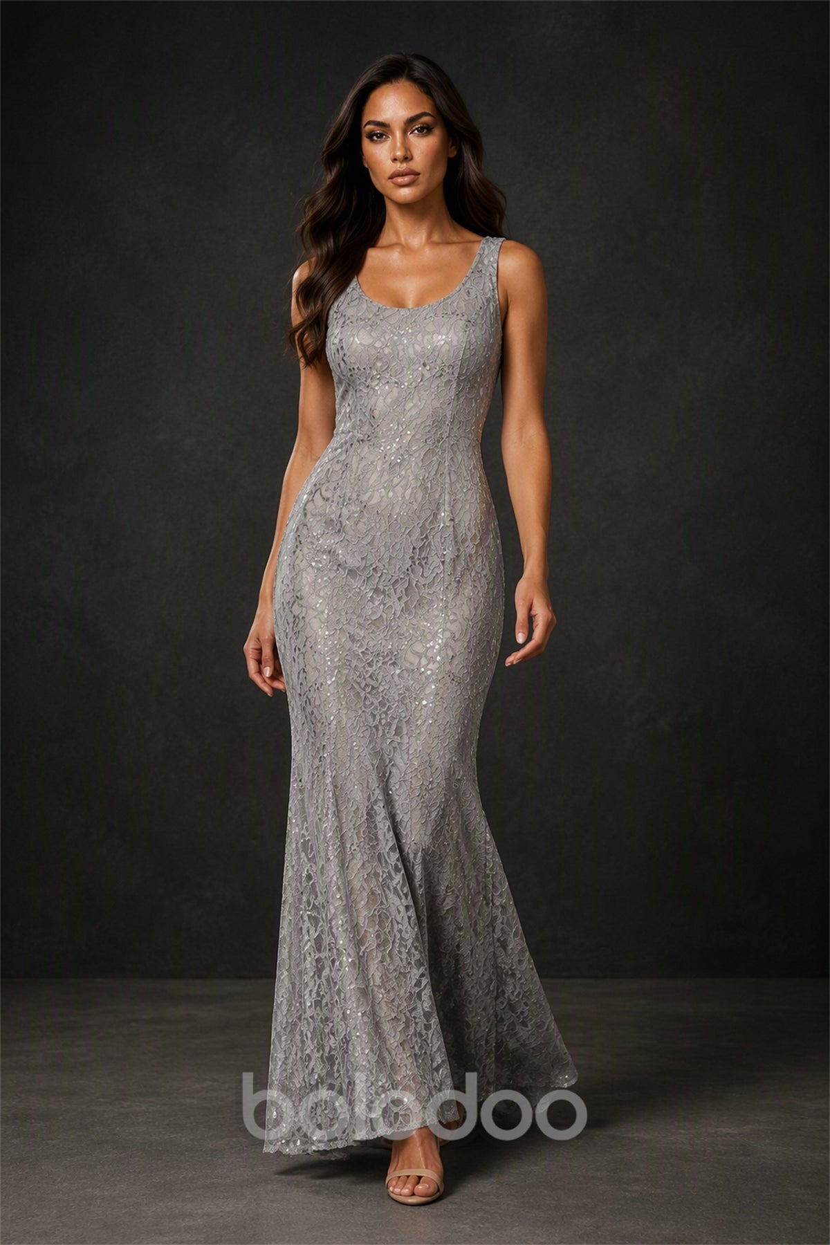 BOLODOO BX0070 silver grey sequin lace sleeveless mermaid maxi dress - full length front view showing complete mermaid silhouette | BOLODOO watermark