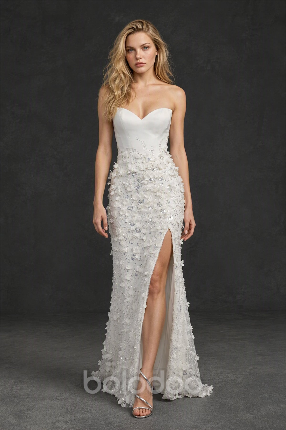 BOLODOO BX0067 white strapless sweetheart 3D floral appliqué mermaid dress - side view showing high slit and mermaid silhouette | BOLODOO watermark