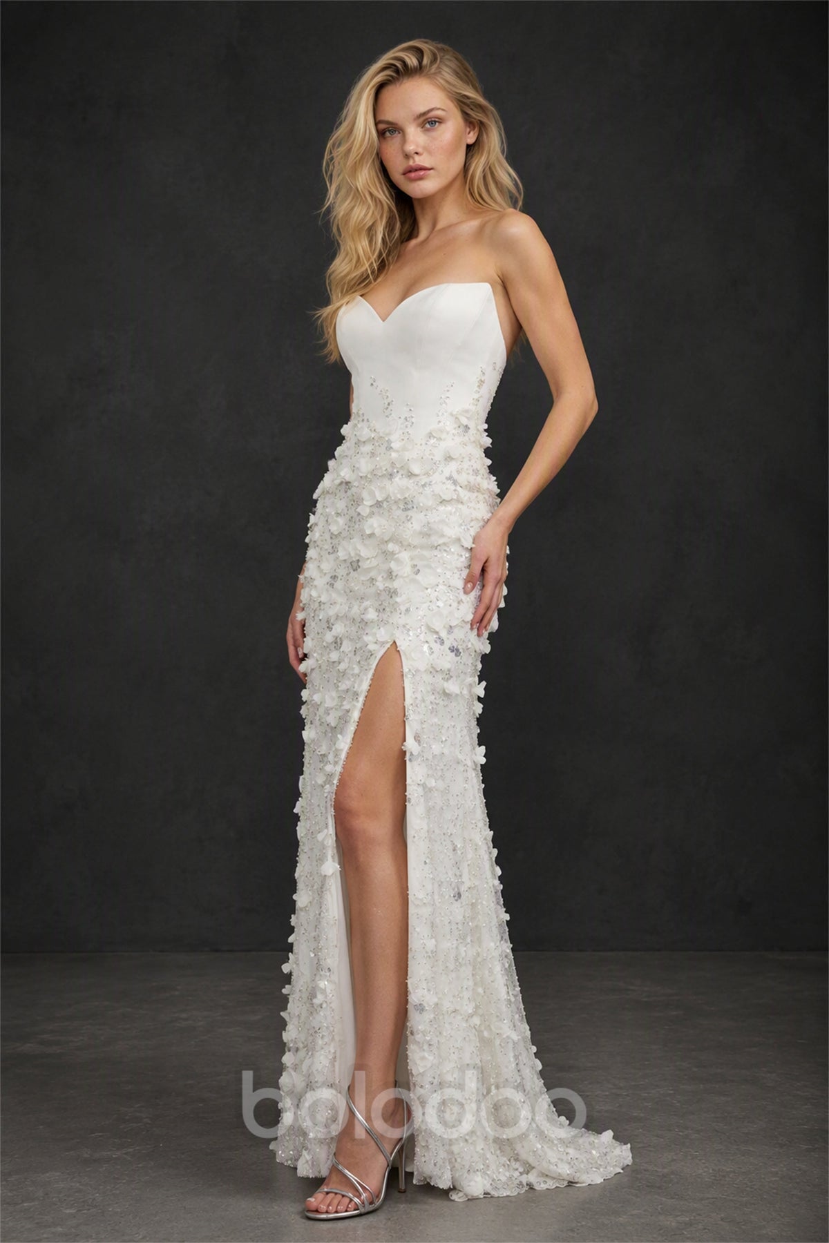 BOLODOO BX0067 white strapless sweetheart 3D floral appliqué mermaid dress - back view showing low open back and sweep train | BOLODOO watermark