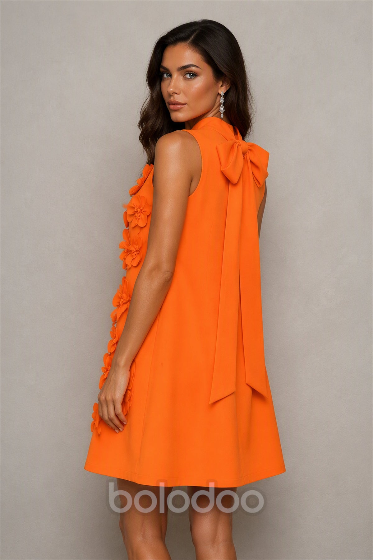 BOLODOO Orange 3D Floral Mock Neck Sleeveless Mini Dress | A-Line Party Dress  | BOLODOO watermark