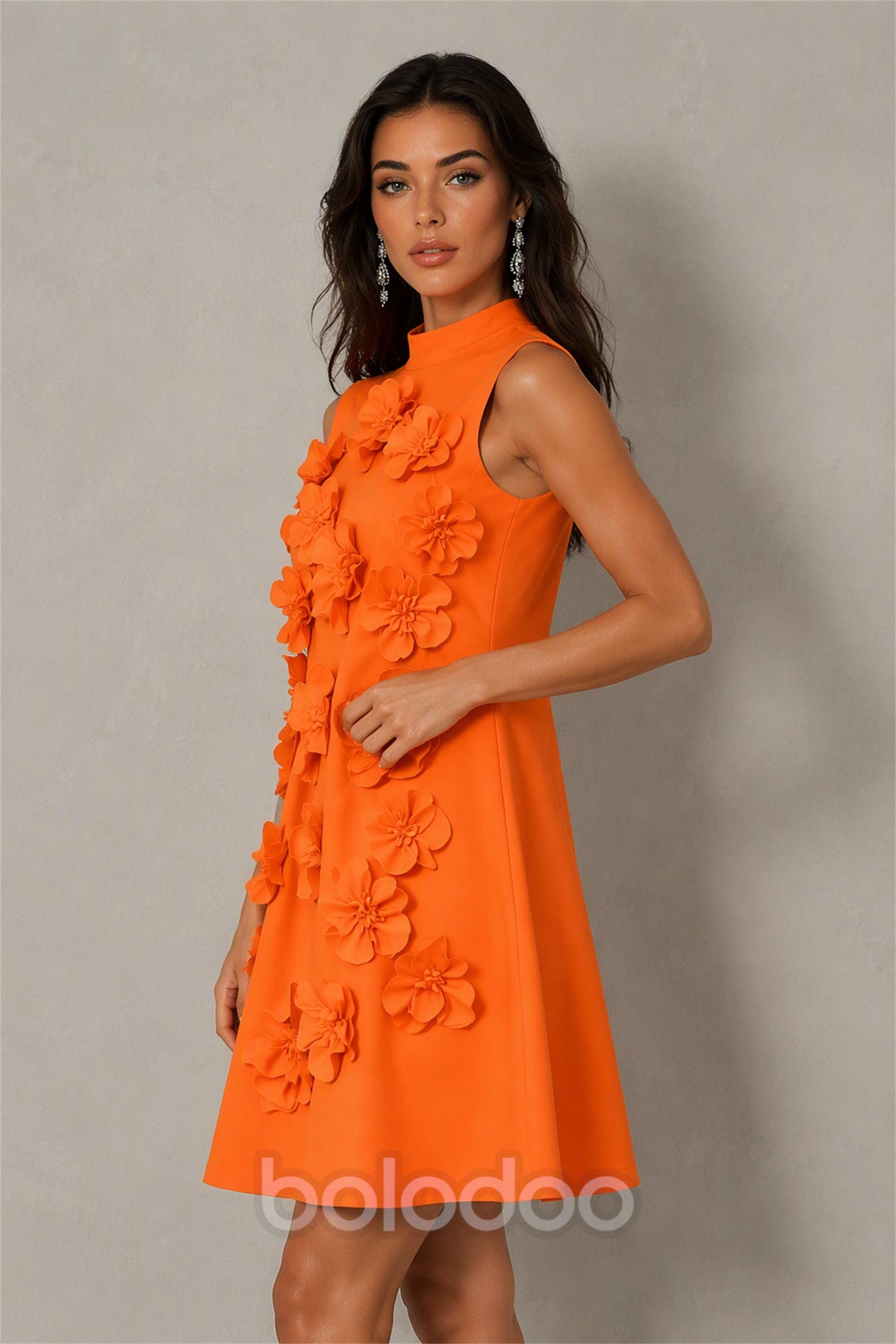 BOLODOO Orange 3D Floral Mock Neck Sleeveless Mini Dress | A-Line Party Dress  | BOLODOO watermark