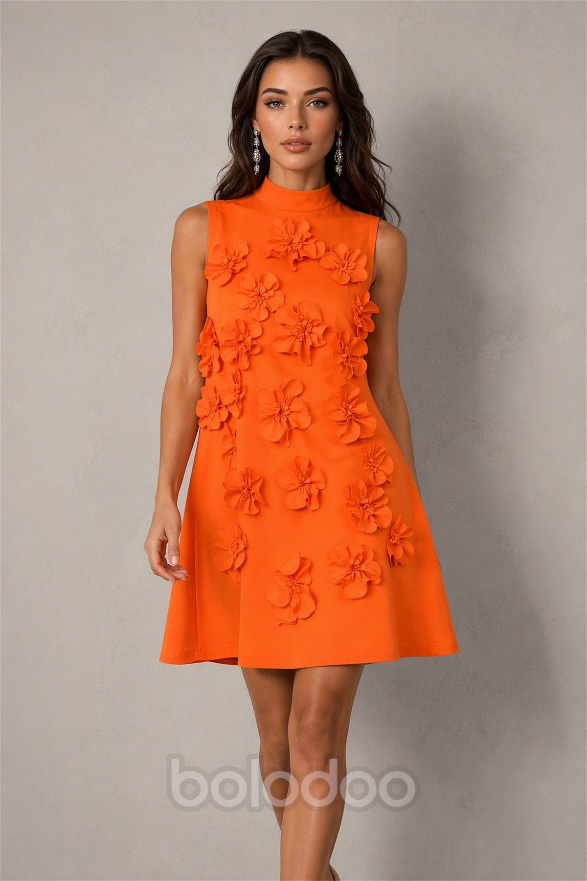 BOLODOO Orange 3D Floral Mock Neck Sleeveless Mini Dress | A-Line Party Dress  | BOLODOO watermark
