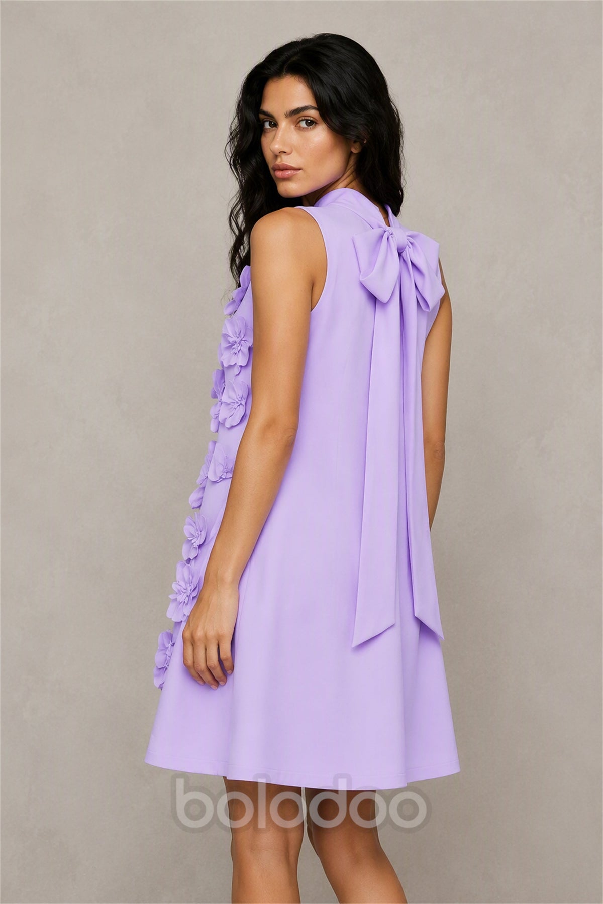 BOLODOO Lavender 3D Floral Mock Neck Sleeveless Mini Dress | A-Line Party Dress  | BOLODOO watermark