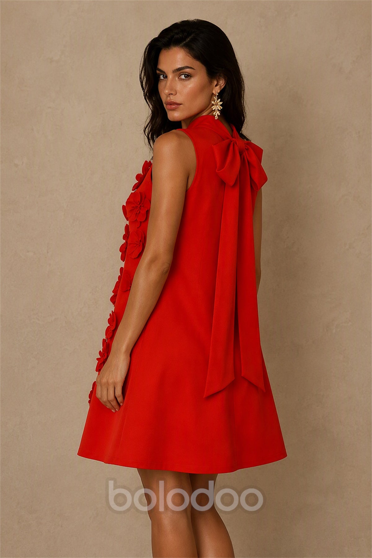 BOLODOO Red 3D Floral Mock Neck Sleeveless Mini Dress | A-Line Party Dress  | BOLODOO watermark
