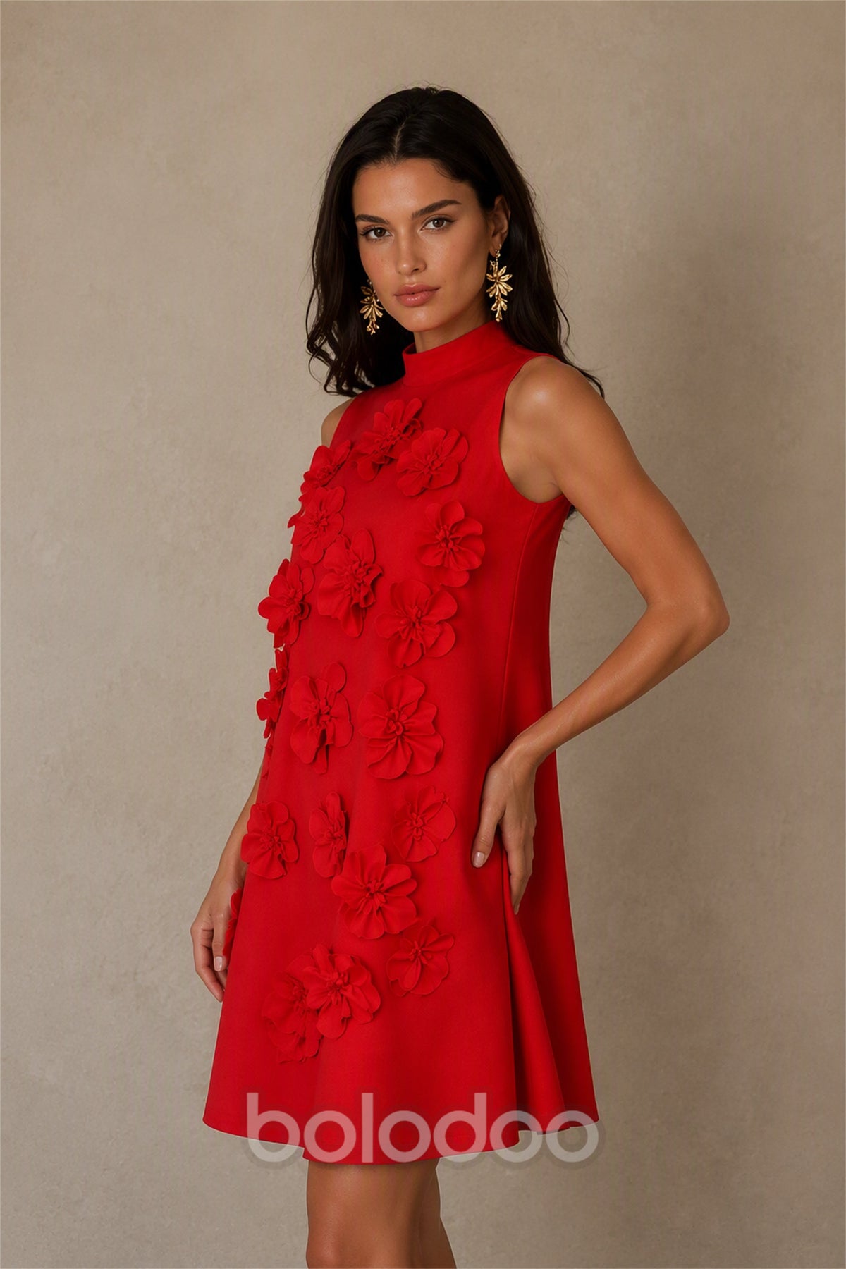 BOLODOO Red 3D Floral Mock Neck Sleeveless Mini Dress | A-Line Party Dress  | BOLODOO watermark