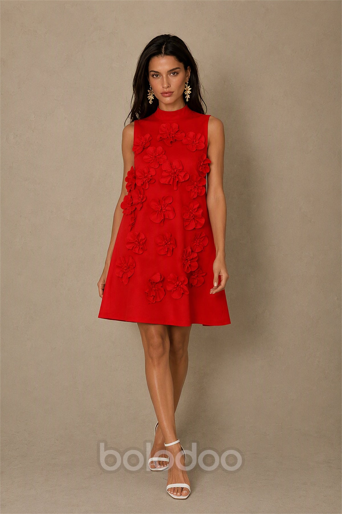 BOLODOO Red 3D Floral Mock Neck Sleeveless Mini Dress | A-Line Party Dress  | BOLODOO watermark