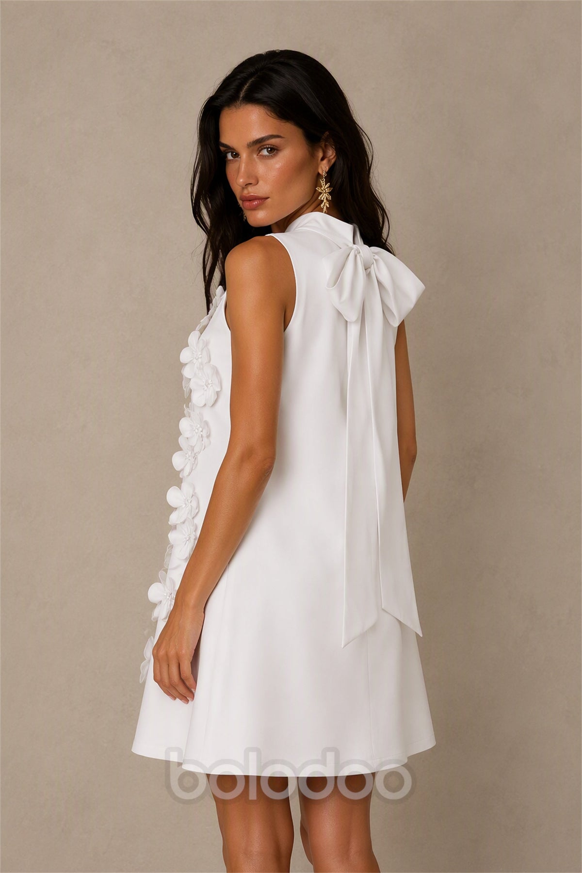 BOLODOO White 3D Floral Mock Neck Sleeveless Mini Dress | A-Line Party Dress  | BOLODOO watermark