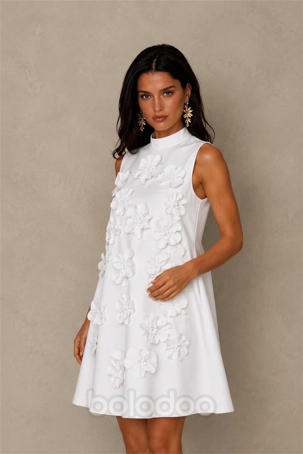 BOLODOO White 3D Floral Mock Neck Sleeveless Mini Dress | A-Line Party Dress  | BOLODOO watermark