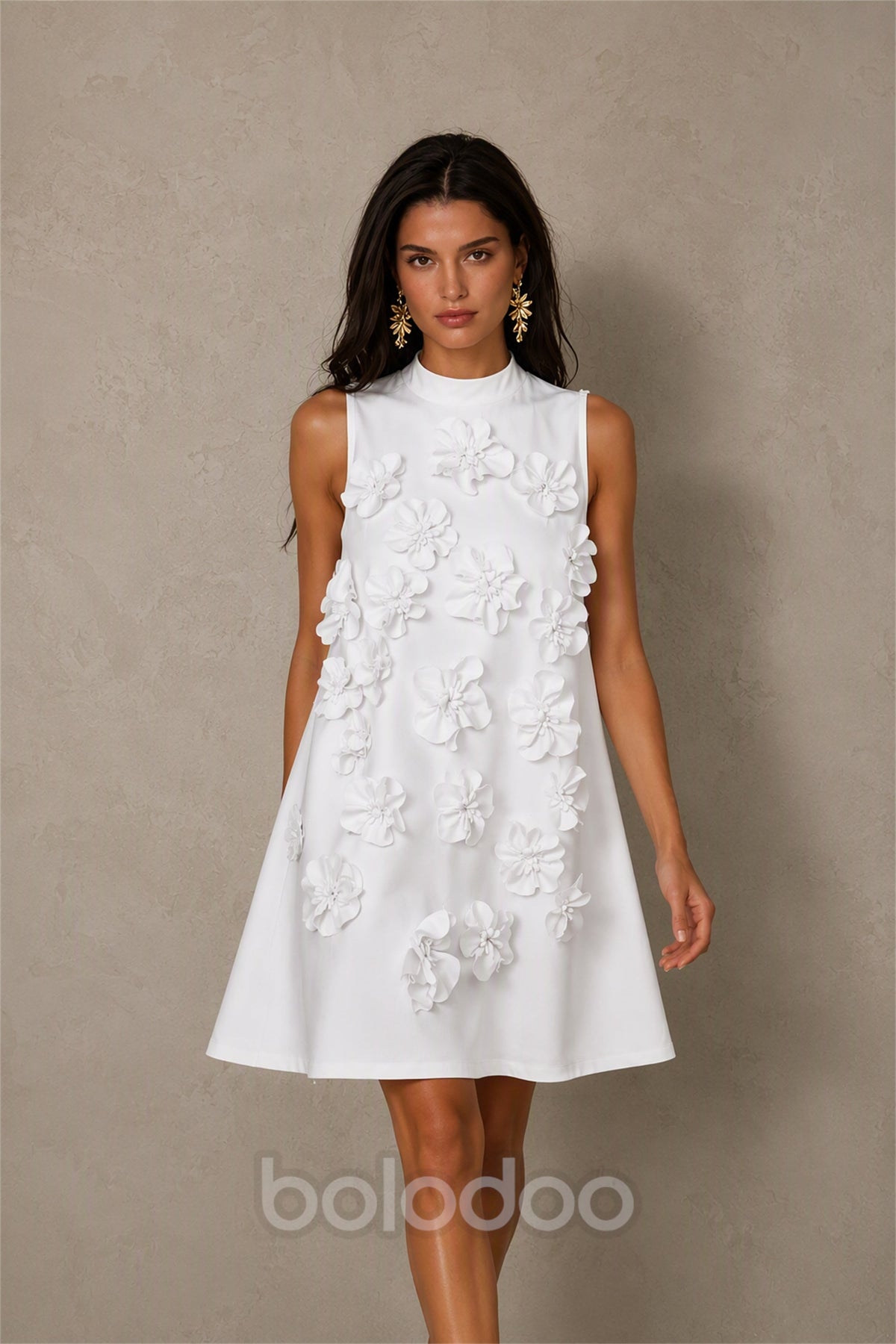BOLODOO White 3D Floral Mock Neck Sleeveless Mini Dress | A-Line Party Dress  | BOLODOO watermark