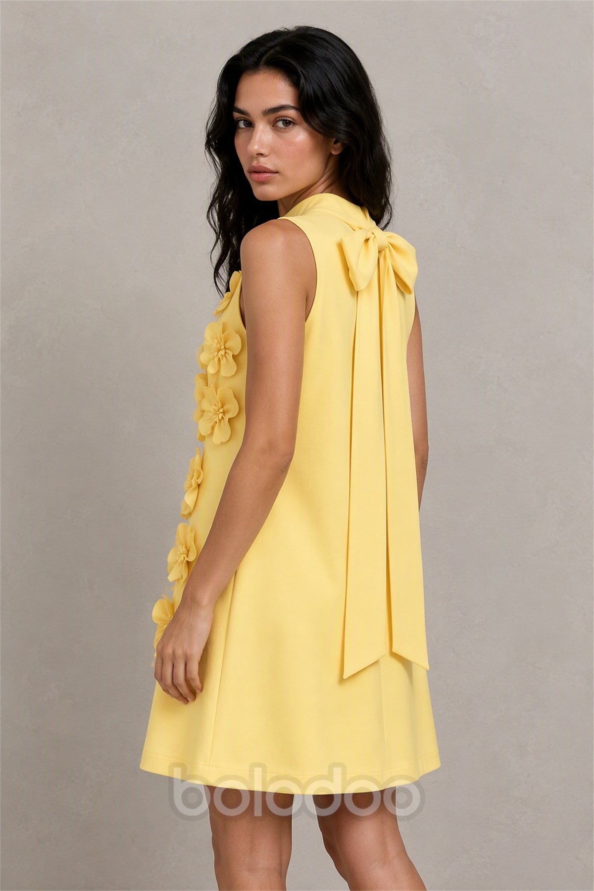 BOLODOO Yellow 3D Floral Mock Neck Sleeveless Mini Dress | A-Line Party Dress  | BOLODOO watermark